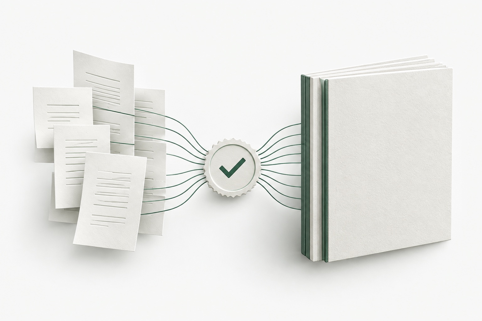 An illustration of source documents connected through a human-review seal to a bound disclosure report